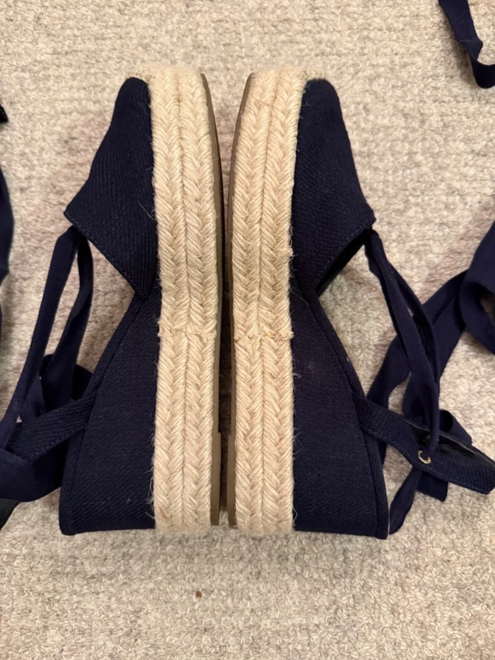 Via Spiga Navy Canvas Espadrille Wedge Sandals with Ankle Ties